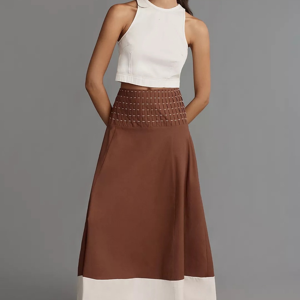 anthropologie Linen Blend Drop-Waist Colorblock Maxi Skirt Sz L